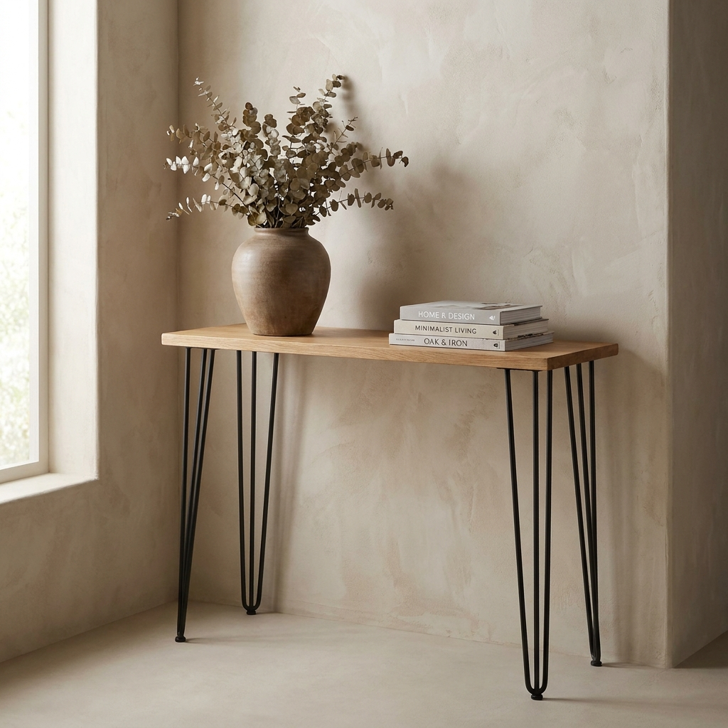 Hand-finished oak console table with black iron hairpin legs