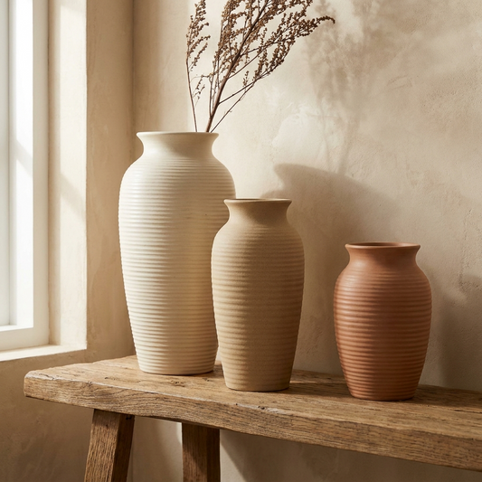 Trio of ribbed ceramic vases in cream, sand, and terracotta
