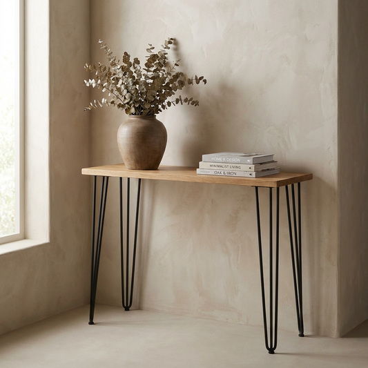 Hand-finished oak console table with black iron hairpin legs
