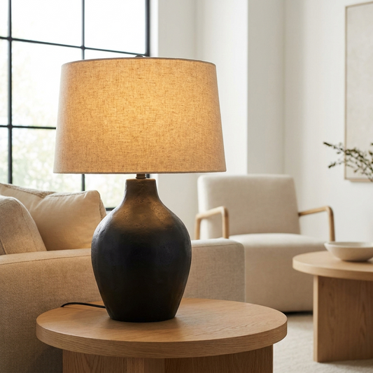 Sculpted matte-black iron table lamp with linen drum shade