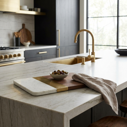 Marble and brass serving board with wood accents
