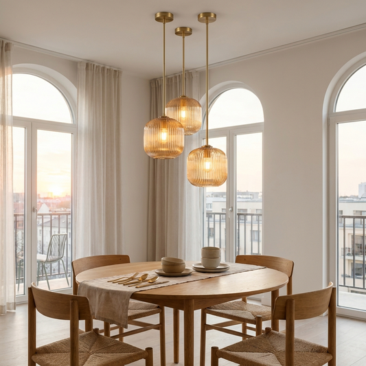 Amber ribbed glass pendant light with brass fitting
