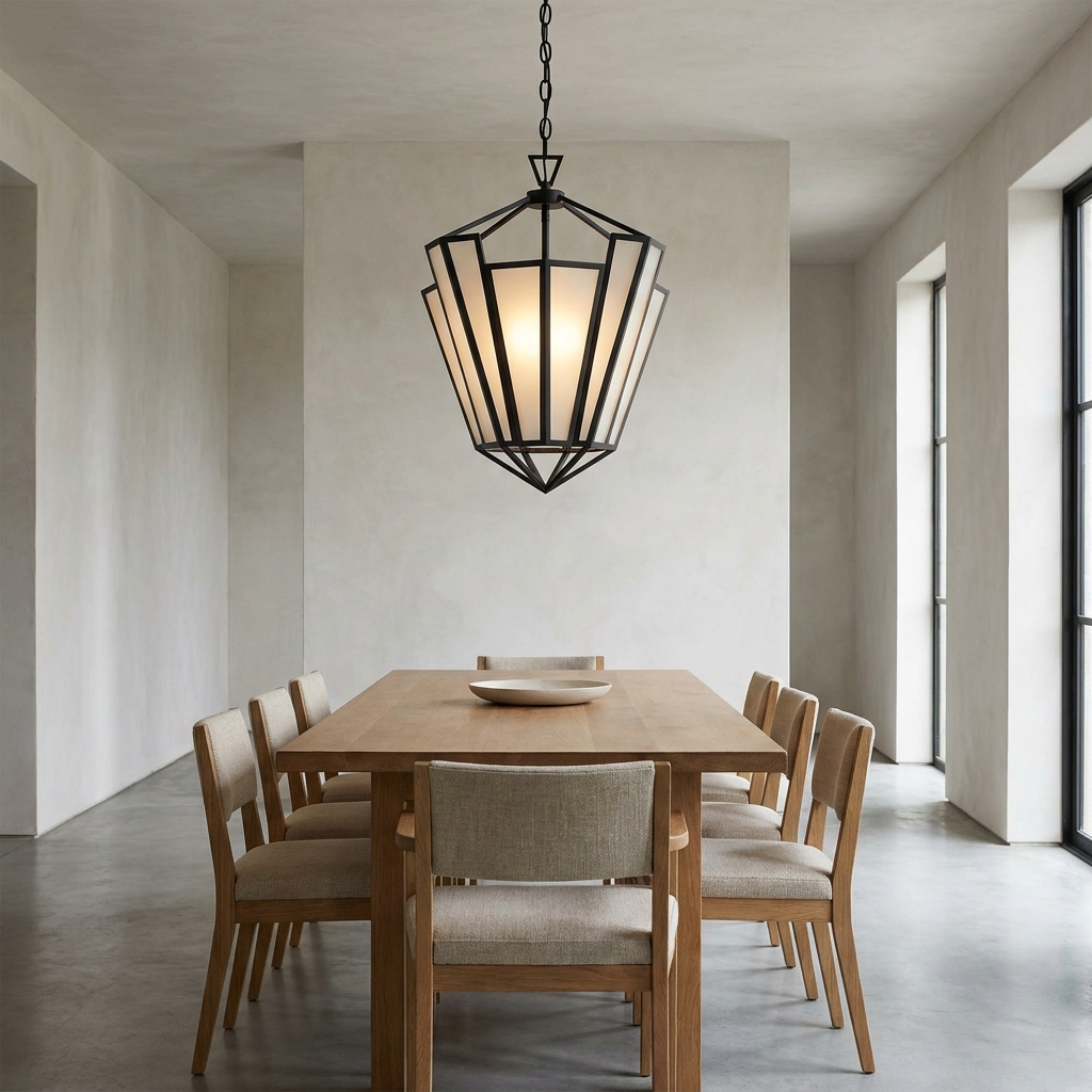 Sculptural geometric Art Deco pendant light above a dining table