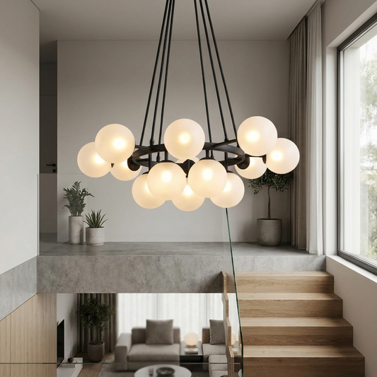 Large frosted glass cluster chandelier with matte black iron frame