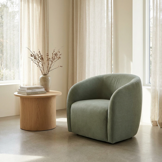 Sculptural curved lounge chair in sage-green upholstery