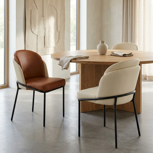 Pair of upholstered two-tone dining chairs around an oak dining table