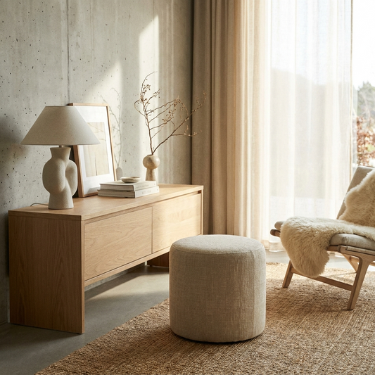 Small round linen pouf ottoman beside an oak console table