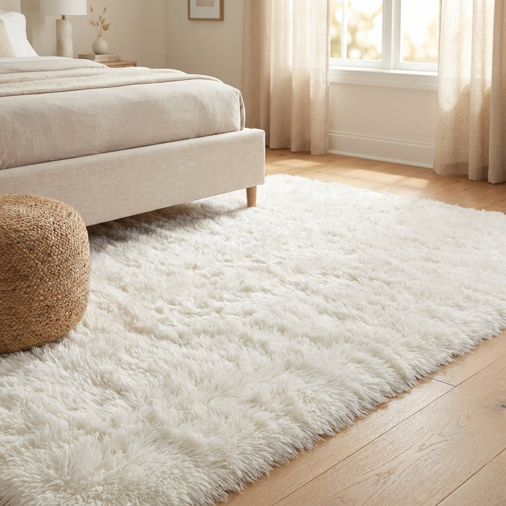 Ultra-Plush Shag Area Rug in White, styled in a bright bedroom