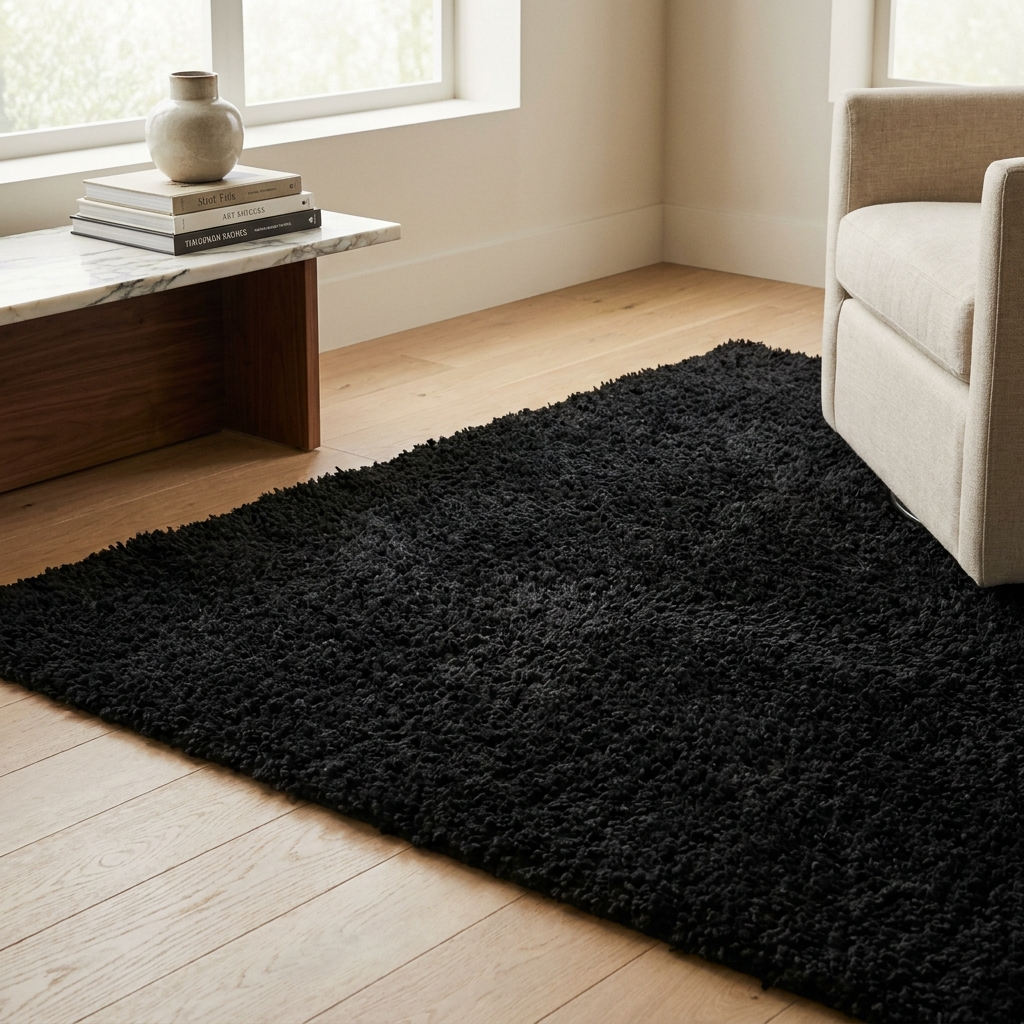 Ultra-Plush Shag Area Rug in Black, styled in a modern living room