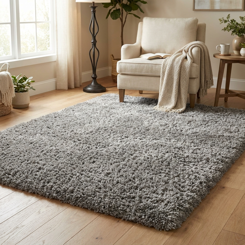Ultra-Plush Shag Area Rug in Grey, styled in a reading nook